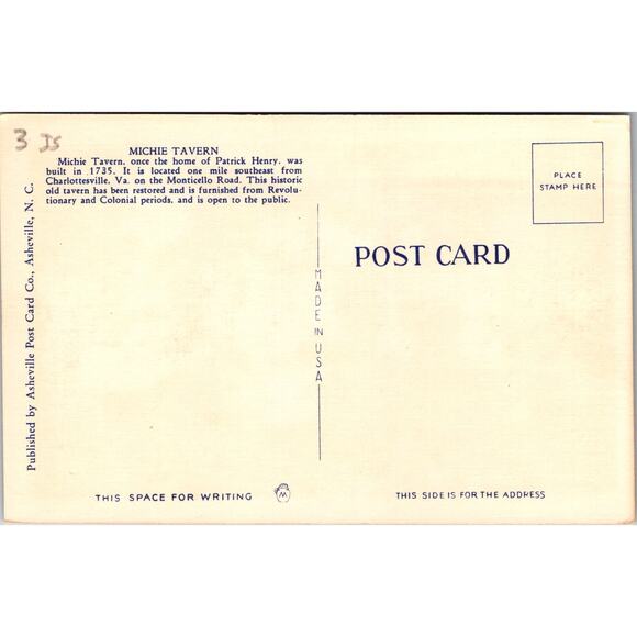 Michie Tavern Charlottesville VA Vintage Postcard SPF5 - Picture 2 of 2
